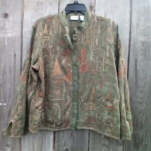 Chico's Green Art Embroidered Shirt Jacket 2(L-12) Snap Closure Collarless